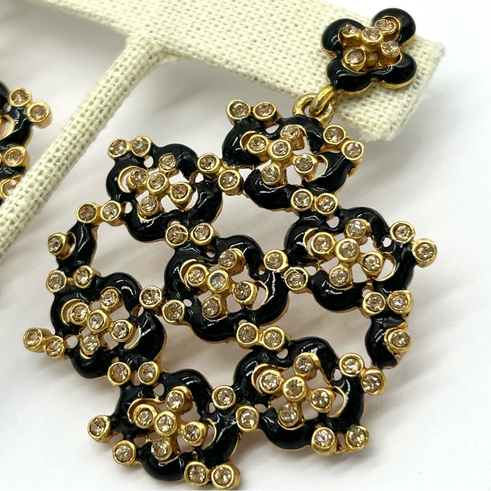 Oscar de la Renta Black Enameled and Crystal Drop Earrings - Picture 3 of 7